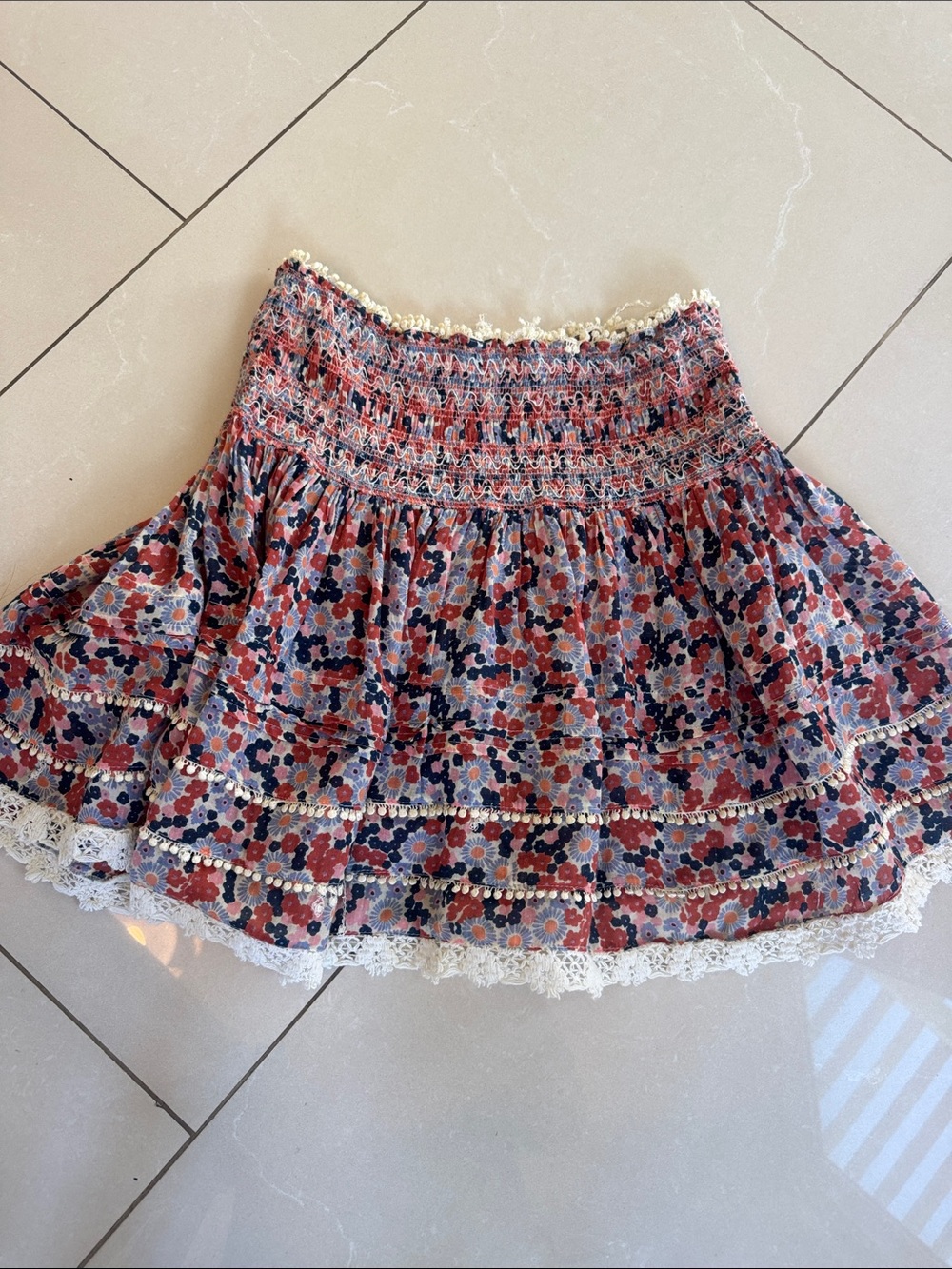 Poupette St. Barth Floral Smocked Circle Skirt - Red & Navy